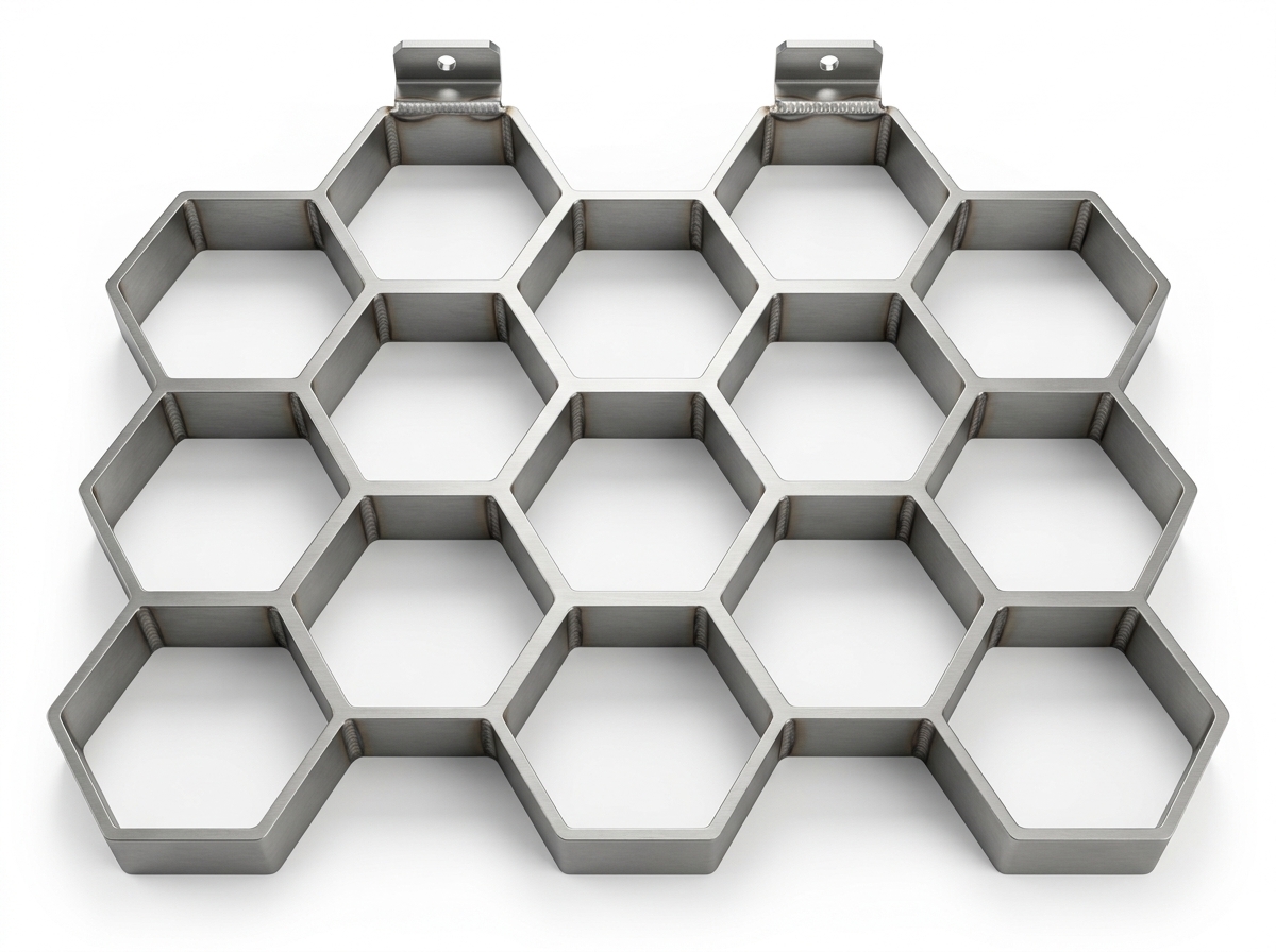 Forma de aço para bloquete sextavado, vista de topo, com as cavidades hexagonais encaixadas